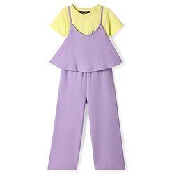 Pine Kids Cotton Knit Solid Colour Dungaree & Half Sleeves T-Shirt - Purple & Yellow