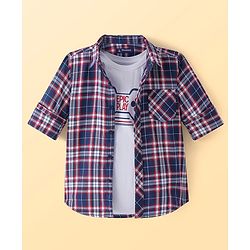 Pine Kids Cotton Woven Full Sleeves Checkered Shirt with Text Printed T-Shirt - Blue & Red