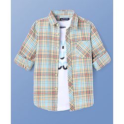Pine Kids Cotton Woven Full Sleeves Checks Shirt With Inner Tee - Sea Green