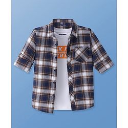 Pine Kids Cotton Woven Full Sleeves  Checkered Shirt with Inner Tee Text Print - Navy & White