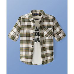 Pine Kids Cotton Woven Full Sleeves Checkered Shirt with Inner Tee - Olive Green