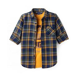 Pine Kids Cotton Woven Full Sleeves Checks Shirt With Inner Tee - Navy & Orange