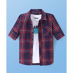 Pine Kids Cotton Woven Full Sleeves Checkered Shirt with Text Printed Inner Tee - Navy Blue
