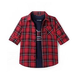 Pine Kids Cotton Woven Full Sleeves Regular Collar Shirt With Checks & Printed Inner Tee - Dark Red & Black