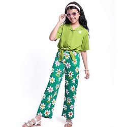 Pine Kids Cotton Woven Half Sleeves Shirt Style Top & Lounge Pants With Floral Print & Embroidery - Lime Green