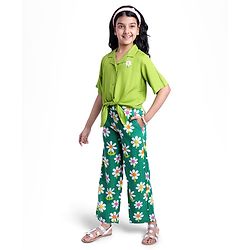 Pine Kids Cotton Woven Half Sleeves Shirt Style Top & Lounge Pants With Floral Print & Embroidery - Lime Green