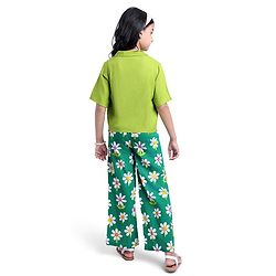 Pine Kids Cotton Woven Half Sleeves Shirt Style Top & Lounge Pants With Floral Print & Embroidery - Lime Green