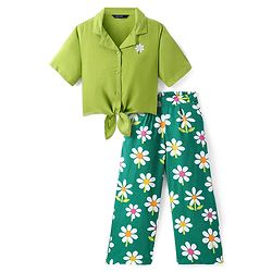 Pine Kids Cotton Woven Half Sleeves Shirt Style Top & Lounge Pants With Floral Print & Embroidery - Lime Green