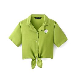 Pine Kids Cotton Woven Half Sleeves Shirt Style Top & Lounge Pants With Floral Print & Embroidery - Lime Green