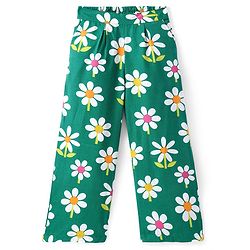 Pine Kids Cotton Woven Half Sleeves Shirt Style Top & Lounge Pants With Floral Print & Embroidery - Lime Green