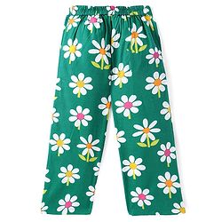 Pine Kids Cotton Woven Half Sleeves Shirt Style Top & Lounge Pants With Floral Print & Embroidery - Lime Green