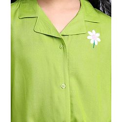 Pine Kids Cotton Woven Half Sleeves Shirt Style Top & Lounge Pants With Floral Print & Embroidery - Lime Green