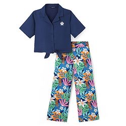 Pine Kids Cotton Woven Half Sleeves Shirt Style Top & Lounge Pants With Floral Print & Embroidery - Navy