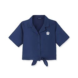 Pine Kids Cotton Woven Half Sleeves Shirt Style Top & Lounge Pants With Floral Print & Embroidery - Navy