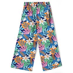 Pine Kids Cotton Woven Half Sleeves Shirt Style Top & Lounge Pants With Floral Print & Embroidery - Navy