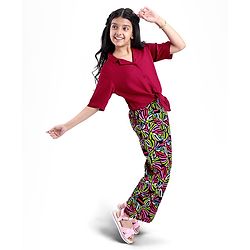 Pine Kids Cotton Woven Half Sleeves Solid Shirt Style Top & Printed Lounge Pants - Maroon