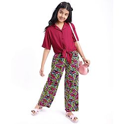 Pine Kids Cotton Woven Half Sleeves Solid Shirt Style Top & Printed Lounge Pants - Maroon