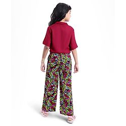 Pine Kids Cotton Woven Half Sleeves Solid Shirt Style Top & Printed Lounge Pants - Maroon