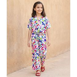 Pine Kids Cotton Woven Half Sleeves Printed Shirt Style Top & Culottes Co-Ord Set - White