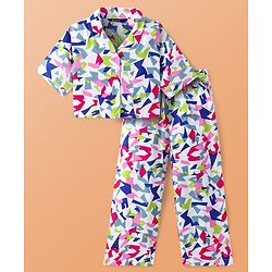 Pine Kids Cotton Woven Half Sleeves Printed Shirt Style Top & Culottes Co-Ord Set - White