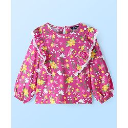 Pine Kids Cotton Knit Peasant Sleeves Lace & Frill Detailing Floral Printed Top - Dark Pink