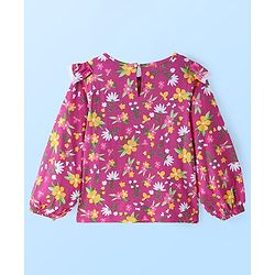 Pine Kids Cotton Knit Peasant Sleeves Lace & Frill Detailing Floral Printed Top - Dark Pink