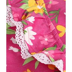 Pine Kids Cotton Knit Peasant Sleeves Lace & Frill Detailing Floral Printed Top - Dark Pink
