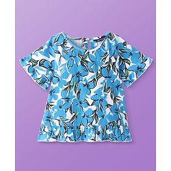 Pine Kids Cotton Knit Half Sleeves Top with Floral Print - Blue & White