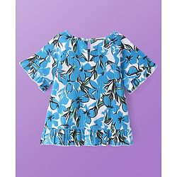 Pine Kids Cotton Knit Half Sleeves Top with Floral Print - Blue & White