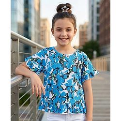 Pine Kids Cotton Knit Half Sleeves Top with Floral Print - Blue & White