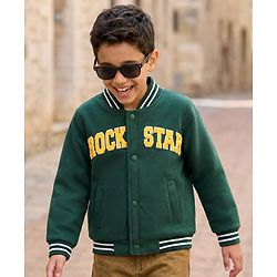 Pine Kids Woven Full Sleeves Bomber Jacket with Text Print & Pockets - Dark Green
