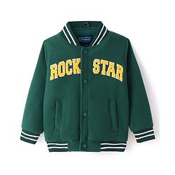 Pine Kids Woven Full Sleeves Bomber Jacket with Text Print & Pockets - Dark Green