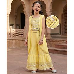 Pine Kids Woven Sequinned Sleeveless Top & Palazzo Set with Shrug-  Light Yellow