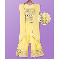 Pine Kids Woven Sequinned Sleeveless Top & Palazzo Set with Shrug-  Light Yellow