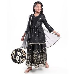 Pine Kids Woven Three Fourth Sleeves Mirror Embroidered Choli  & Floral Printed Lehenga Set with Dupatta - Black