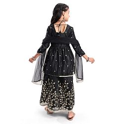 Pine Kids Woven Three Fourth Sleeves Mirror Embroidered Choli  & Floral Printed Lehenga Set with Dupatta - Black