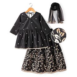 Pine Kids Woven Three Fourth Sleeves Mirror Embroidered Choli  & Floral Printed Lehenga Set with Dupatta - Black