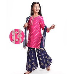 Pine Kids  Woven Three Fourth Sleeves  Foil Printed Kurta Gharara &  Dupatta Set with Embroidered Detailing - Dark Pink