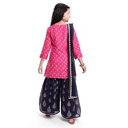 Pine Kids  Woven Three Fourth Sleeves  Foil Printed Kurta Gharara &  Dupatta Set with Embroidered Detailing - Dark Pink
