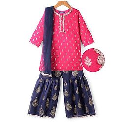 Pine Kids  Woven Three Fourth Sleeves  Foil Printed Kurta Gharara &  Dupatta Set with Embroidered Detailing - Dark Pink