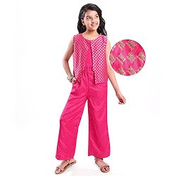 Pine Kids Woven Sleeveless Jumpsuit & Jacket Indo Western Sets with Checkered Embroidery & Polka Dot Foil Print - Dark Pink