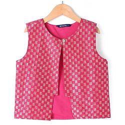 Pine Kids Woven Sleeveless Jumpsuit & Jacket Indo Western Sets with Checkered Embroidery & Polka Dot Foil Print - Dark Pink