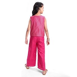 Pine Kids Woven Sleeveless Jumpsuit & Jacket Indo Western Sets with Checkered Embroidery & Polka Dot Foil Print - Dark Pink