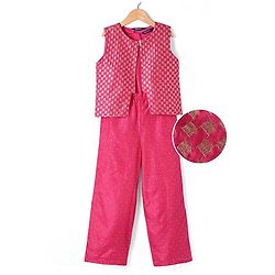 Pine Kids Woven Sleeveless Jumpsuit & Jacket Indo Western Sets with Checkered Embroidery & Polka Dot Foil Print - Dark Pink