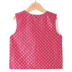 Pine Kids Woven Sleeveless Jumpsuit & Jacket Indo Western Sets with Checkered Embroidery & Polka Dot Foil Print - Dark Pink