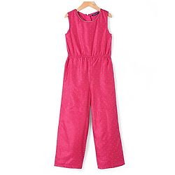 Pine Kids Woven Sleeveless Jumpsuit & Jacket Indo Western Sets with Checkered Embroidery & Polka Dot Foil Print - Dark Pink