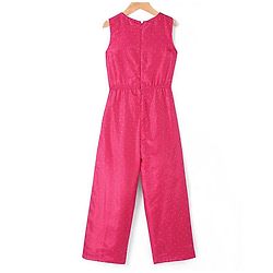 Pine Kids Woven Sleeveless Jumpsuit & Jacket Indo Western Sets with Checkered Embroidery & Polka Dot Foil Print - Dark Pink