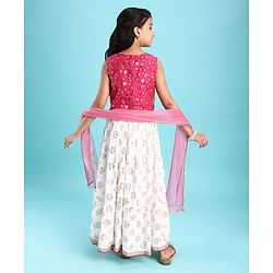 Pine Kids Woven Sleeveless Floral Embroidered Choli & Lahenga Dupatta Set With Floral Foil Print - White & Dark Pink