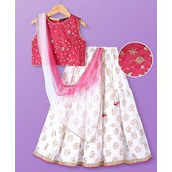 Pine Kids Woven Sleeveless Floral Embroidered Choli & Lahenga Dupatta Set With Floral Foil Print - White & Dark Pink