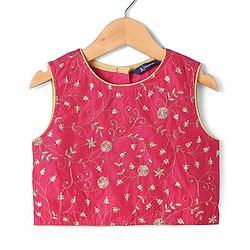 Pine Kids Woven Sleeveless Floral Embroidered Choli & Lahenga Dupatta Set With Floral Foil Print - White & Dark Pink